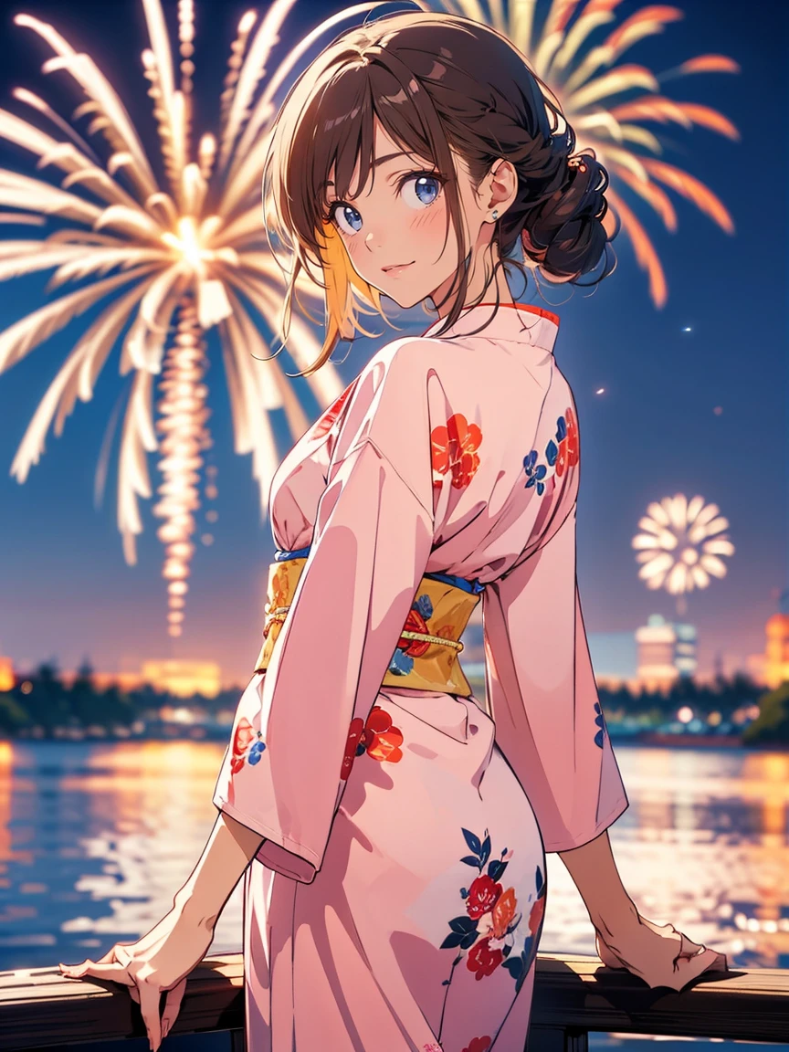 "(((a beautiful woman))), soio, masuter piece, Best quality, Elegant anime style, Outdoor bathrobes, Spectacular fireworks, Star mine with lots of fireworks, Distant shots, posterior view, Night scene, Shy smile, Bokeh effect and depth of field, High-key lights"