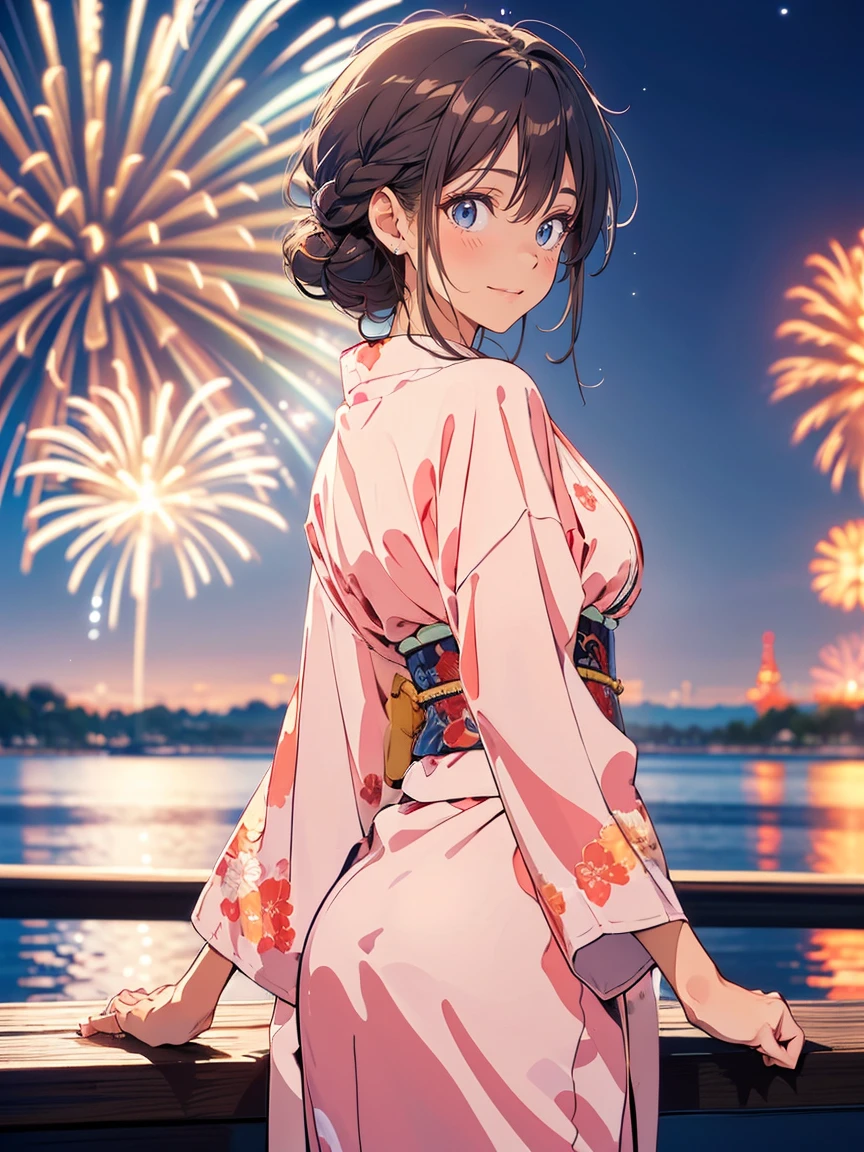 "(((a beautiful woman))), soio, masuter piece, Best quality, Elegant anime style, Outdoor bathrobes, Spectacular fireworks, Star mine with lots of fireworks, Distant shots, posterior view, Night scene, Shy smile, Bokeh effect and depth of field, High-key lights"