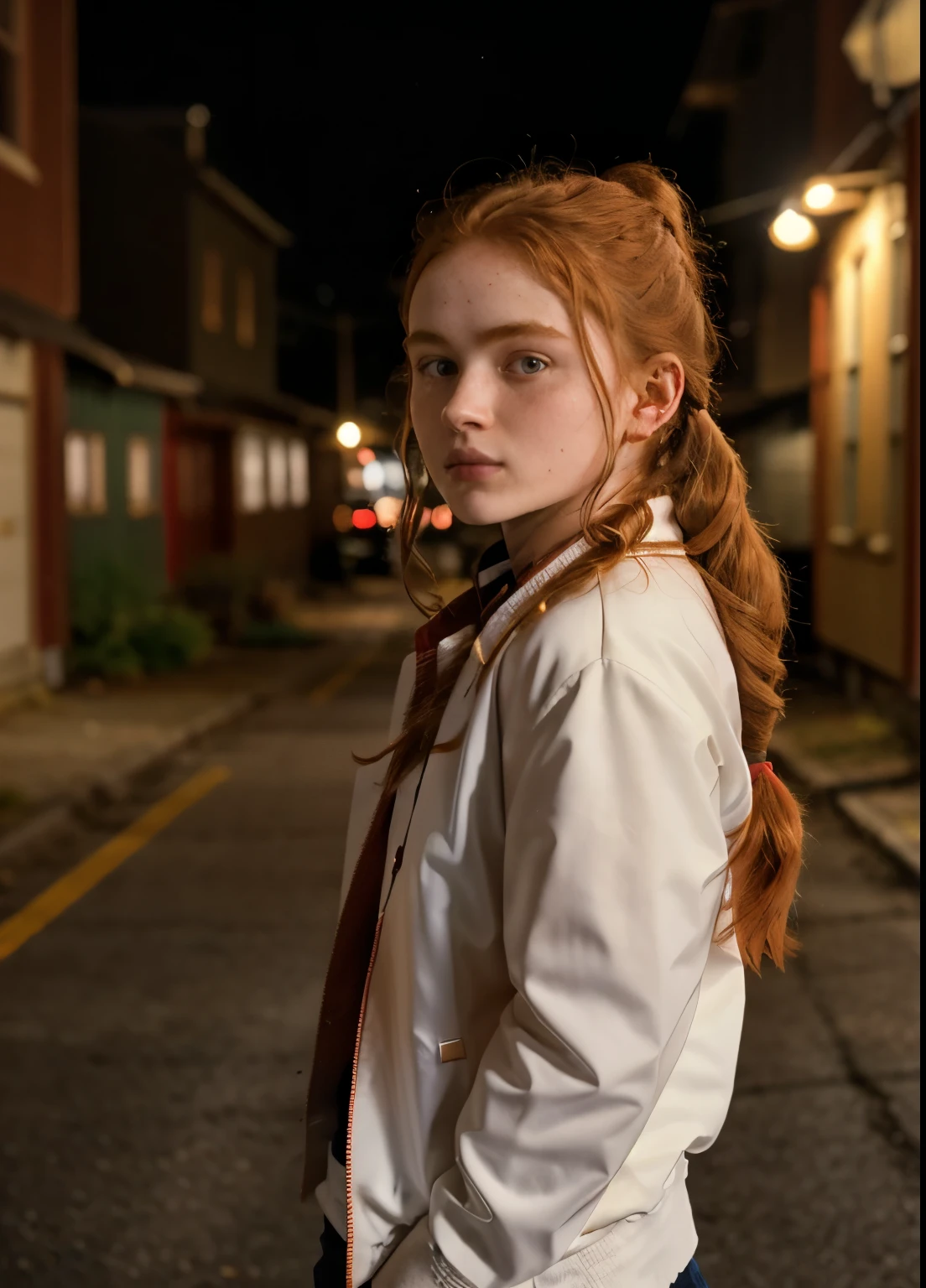 35mm, Fuji Superia 1600, ISO-1200, f/4, 0, 1/60, a night time, dimly lit close-up shot photo of red ponytail, wearing a white shirt and a red and white high school jacket, in a small town alley with faraway cars passing behind her