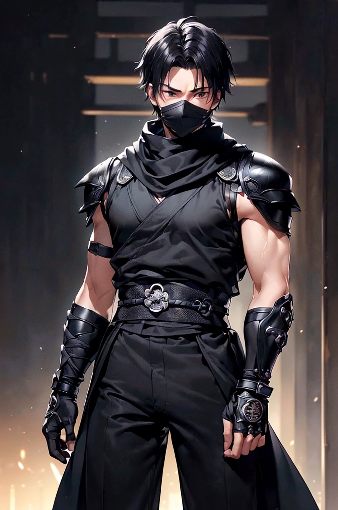(((masterpiece; best quality: 1.2))), (finely detailed eyes: 1.3), ((1 young man)), ((solo)), (black eyes: 1.4), (body shape; lean, masculine: 1.3), (very short black hair: 1.3), (beautiful and clear background: 1.2), ((depth of field)), (equipment: black shinobi clothing + fully covered + black kimono + black pants + black scarf + black bracers + black fingerless gloves: 1.3), (anime illustration: 1.2), (background composition; old japanese mansion + night: 1.1), (extremely fine and handsome: 1.1), (shot composition; standing, holding black hard mask in hand + centered on torso + close-up: 1.5), (facial expression; calm, stoic: 1.2)
