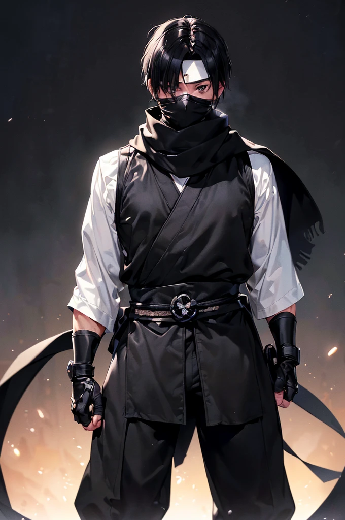(((masterpiece; best quality: 1.2))), (finely detailed eyes: 1.3), ((ung man)), ((solo)), (black eyes: 1.4), (body shape; lean, masculine: 1.3), (very short black hair: 1.3), (beautiful and clear background: 1.2), ((depth of field)), (equipment: black shinobi clothing + fully covered + black kimono + black pants + black scarf + black bracers + black fingerless gloves: 1.3), (anime illustration: 1.2), (background composition; old japanese mansion + night: 1.1), (extremely fine and handsome: 1.1), (shot composition; standing, holding black hard mask in hand + centered on torso + close-up: 1.5), (facial expression; calm, stoic: 1.2)