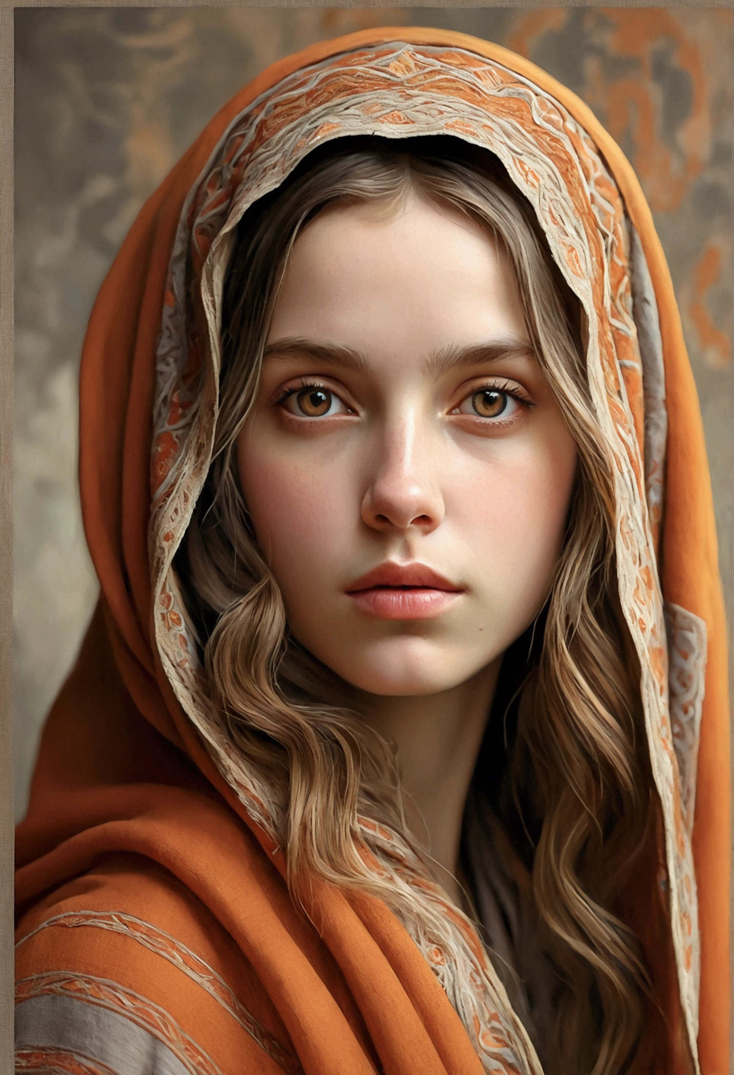 A realistic style illustration of a young woman with an introspective and serene expression. She should be portrayed with long, wavy hair in light brown tones, which falls gently over her shoulders. The young woman wears a bohemian-inspired outfit with detailed patterns and earthy tones, including a colorful orange and gray hood or shawl that partially covers her head. The background should be neutral or white to highlight the character's details, with special attention to the clear and expressive eyes that capture the viewer's gaze. The color palette should include warm, soft tones that complement the style and calm atmosphere of the image.