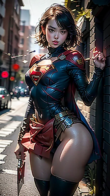 Beautiful woman short hair defined body big breasts, wearing Supergirl cosplay
