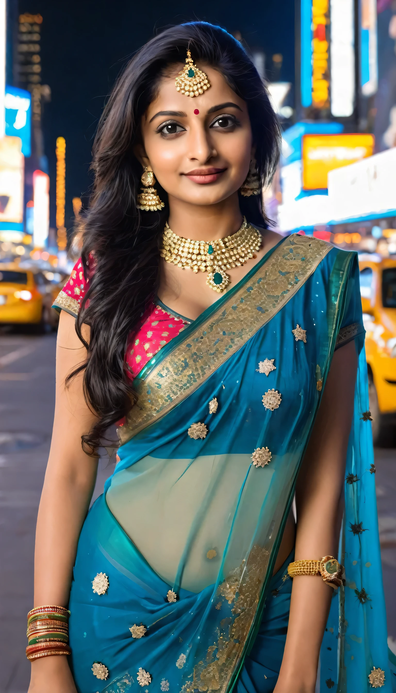 A indian girl possing on camera on time square at night.she is very confident.she have perfect body and perfect round breast.she is young.she is beautiful and horny.she have long messy black hairs.she have a long elongated faceshape.she have a apple body shape.she is milf.she is wearing a golden jwellery and big round earings.she is wearing a blue thin saree with small twinkling stars design on saree with jwellery.draw her full body picture 