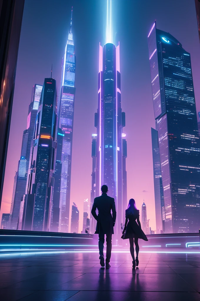 A futuristic landscape with shining skyscrapers, flying vehicles and a purple sunset. People walking in modern clothes, with bioluminescent trees along the streets.