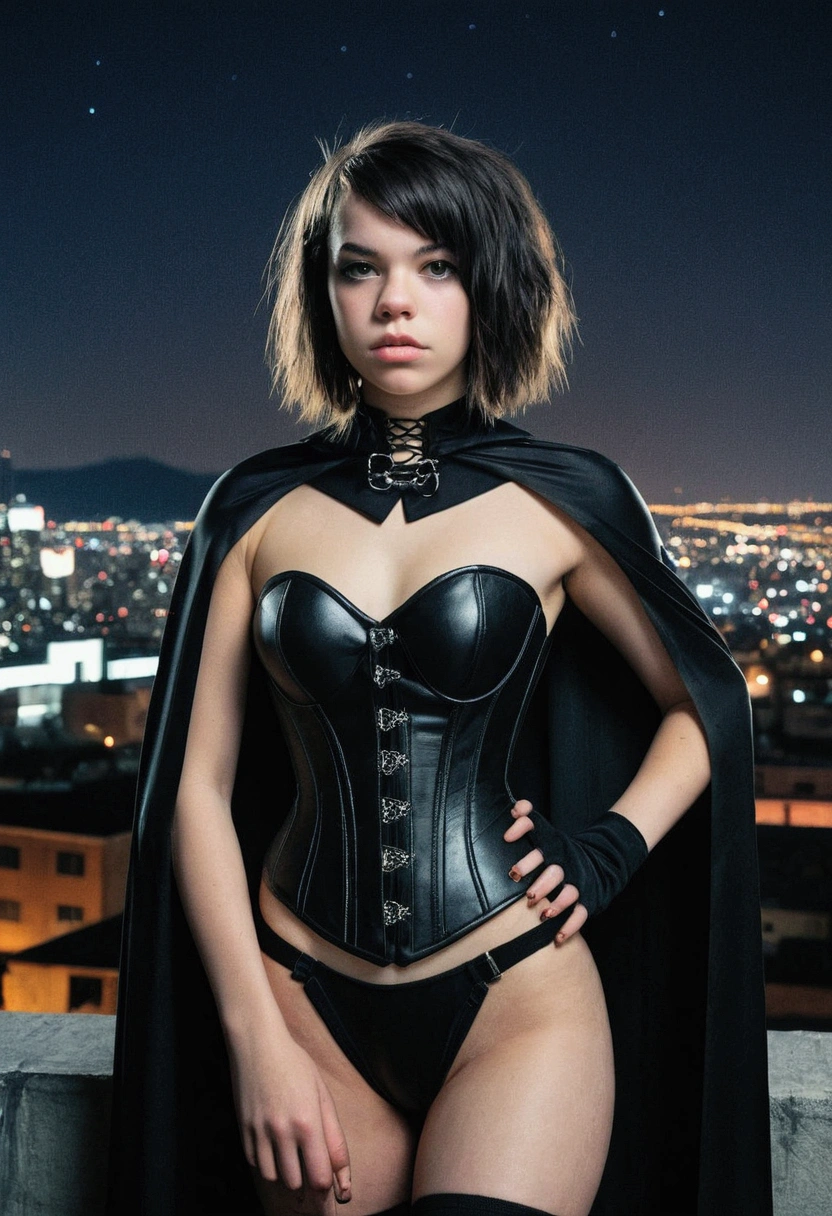 analog film photo, photo of an emo superheroine, a young female, black emo shag hairstyle, hazel eyes, freckled complexion, tall, athletic, massive round buttocks, wearing a corset bodysuit and a cape, resembles Hailee Steinfeld, posing above an apocalyptic city skyline, nighttime, RAW Photograph, dslr, soft lighting, high quality, film grain, Fujifilm XT3, detailed skin with visible pores, insane details, masterpiece, 8k, 35mm photograph, dslr, kodachrome, faded film, desaturated, grainy, vintage, Lomography, stained, highly detailed, found footage, close-up shot