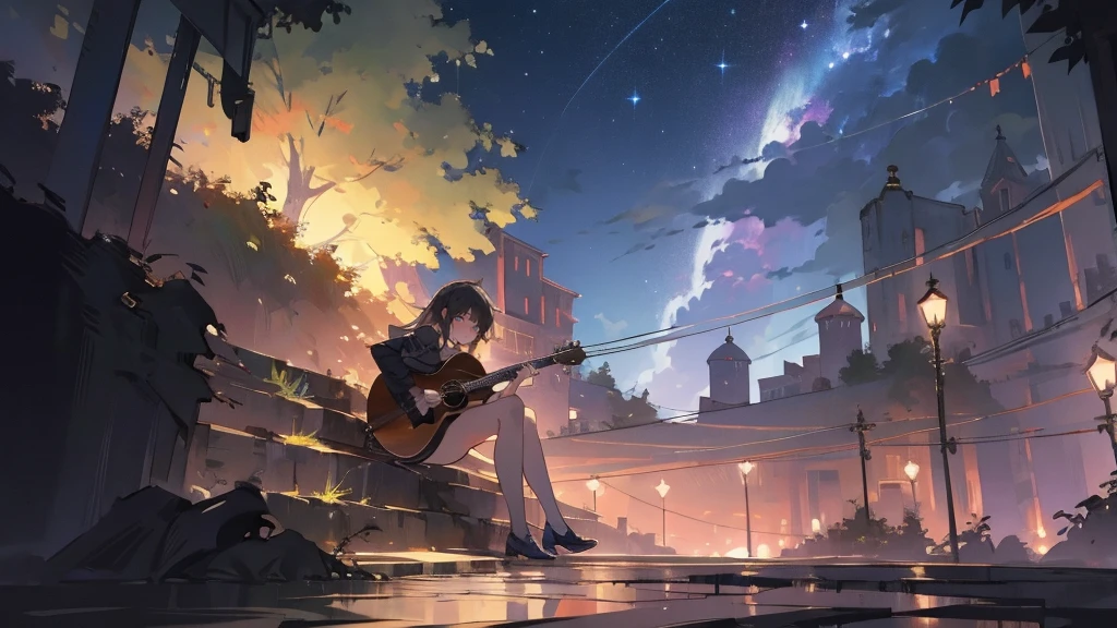 masterpiece,night,(dark alley),star、Night Sky、milky way、octone、
(1. Female), (solo), Knee hugging sitting，acousticguitar