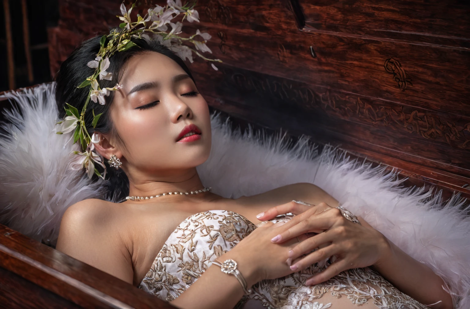 In a striking 8K HDR scene, a stunning Korean woman, 22 years old, lies peacefully in a coffin and coffin cover surrounded by plush pillows. The deep box is set against a rich black background, accentuating the beauty of the subject. Her exquisite deep-V neckline kebaya attire is embroidered with superb detail, showcasing her round and firm breasts, perfect cleavage, and beautiful eyebrows. Her closed eyes and mouth give an air of serenity, while her visible and absolute cleavage leave nothing to imagination. The scene is bathed in saturated colors, highlighting every intricate aspect from the ball skirt to her clean face, straight body, detailed hand perfect hands, straight body, own hands together, own hand on stomach, detailed hands, perfect hands.