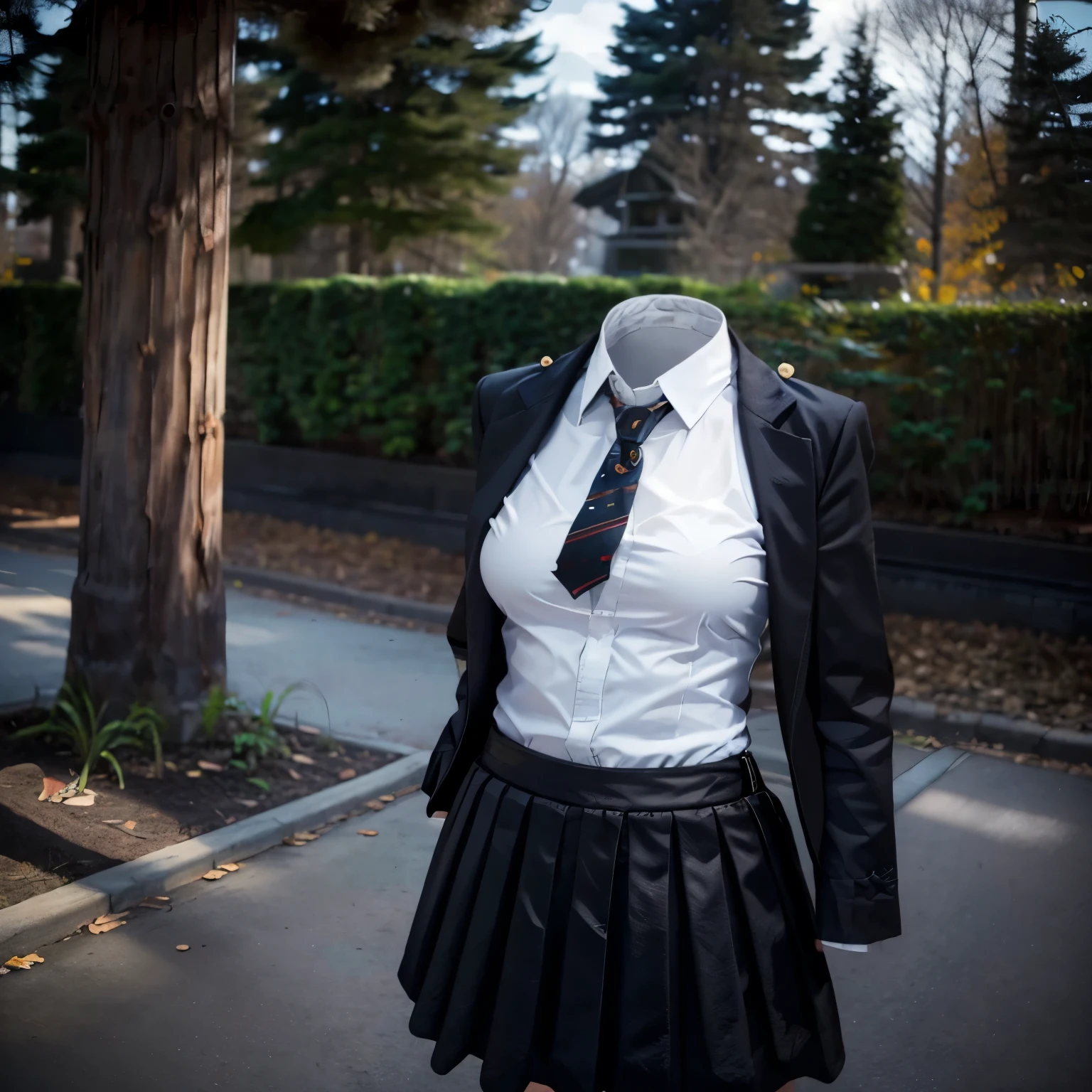 (invisible, no humans, headless, handless, faceless:1.5),cute big breasts, dynamic angle, arched back, white shirt, pleated skirt, striped necktie, collared shirt, black jacket, black skirt, long sleeves, school uniform, black socks, sarashina ruka, (close-up to breasts:1.5), best quality, high resolution, (8k, RAW photo, best quality, masterpiece:1.2), (realistic, photo-realistic:1.37), photon mapping, radiosity, ((Hasselblad photography)), physically-based rendering