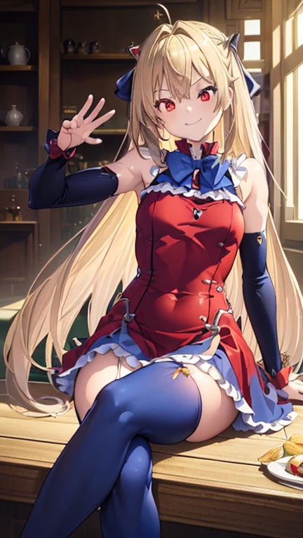 (((1 lolita girl))), When he plows, (Red eyes: 1.5), Blonde, (Blonde: 1.1), wide, Cone shaped bread, hair ornaments, hair shot, He drowned, stripe, Blue bow tie, (tight red sexy dress, ((Tight blue sexy dress)), White thighs, White thigh-high socks), Have, (Muscular belly), Well-trained abs, {Her abs are visible in her dress}, wideヒップ, Narrow waist, Small breasts, (((Seated sexy pose))), Wearing black high heels, {{{Full body photo}}}, smile, Happy, Wink with one eye, Smiling at the viewer with his mouth open, Viewing REST Viewer , Trespass, sitting in an elegant high society room, {Sitting in an elegant chair}, between (masterpiece: 1.2), Highest quality, Highest Resolution, unity wallpaper 8k, (figure: 0.8), (Beautiful attention to detail: 1.6), Highly detailed face, Perfect lighting, Highly detailed CG, (Perfect Anatomy), {Anatomically correct}, {{Perfect hands, (The right move).