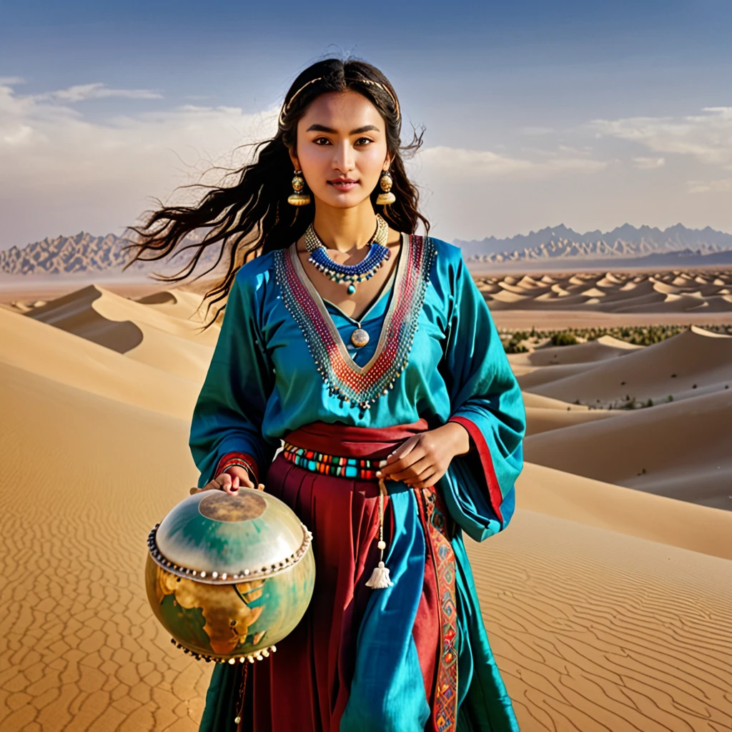 Alafi woman in traditional costume holding a small drum in the desert, a young woman in shamanic costume, a girl holding a Earth sphere, the scenery of the film Silk Road, beautiful youth, portrait shot, ancient princess Lieb, the vanishing line of the desert is below the woman's waist, the sky is clear and transparent.