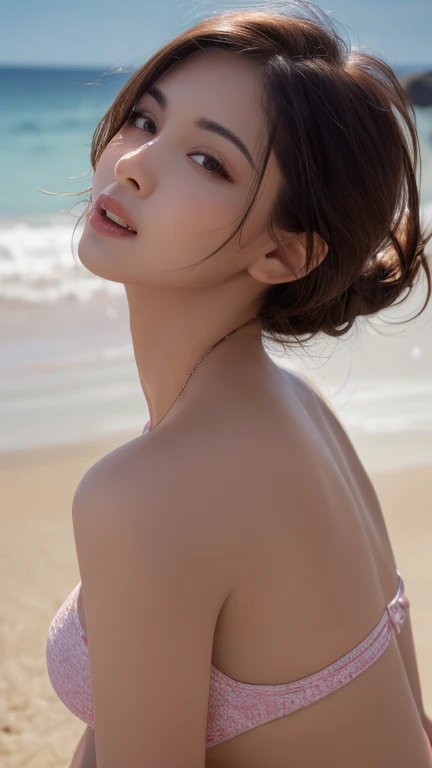 Highest quality, figure, Very detailed, In detail, High resolution, 8k wallpaper, Perfect dynamic composition, Beautiful attention to detail , Beach, Sexy Face,A face of ecstasy,The face at the peak of sexual arousal,Woman's face ,Beautiful feet,Huge boobs