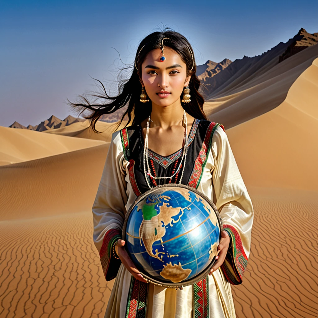 Alafi woman in traditional costume holding a small drum in the desert, a young woman in shamanic costume, a girl holding a Earth sphere, the scenery of the film Silk Road, beautiful youth, portrait shot, ancient princess Lieb, the vanishing line of the desert is below the woman's waist, the sky is clear and transparent.