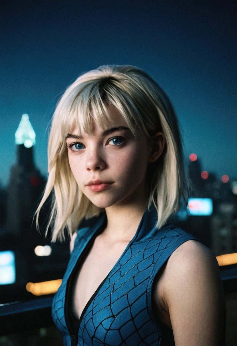 analog film photo, photo of a Gwen Stacy from Into the Spider-Verse, blonde emo shag hairstyle, blue eyes, resembles Hailee Steinfeld, posing above an apocalyptic city skyline, nighttime, RAW Photograph, dslr, soft lighting, high quality, film grain, Fujifilm XT3, detailed skin with visible pores, insane details, masterpiece, 8k, 35mm photograph, dslr, kodachrome, faded film, desaturated, grainy, vintage, Lomography, stained, highly detailed, found footage, close-up shot 