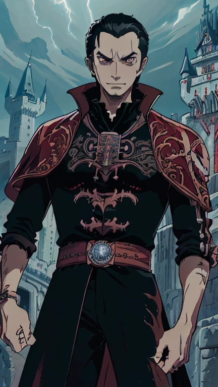 (1boy: d1), (extremely detailed CG unit 8k wallpaper),(master part), (best quality), (ultra detail), (best illustration),(Oda Eiichirou style), cowboy shot, (Sharp eyeliner, ombre, detail eyes:1), Dracula Castle background, ,break , (vamptech), short hair ,black hair, Upper body,