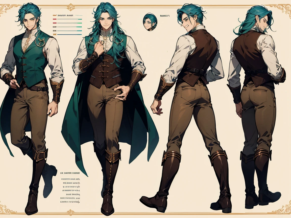 1 male, character sheet, whole body, wear a white shirt, wear a green vest, brown leather pants, Boots, Middle Ages, blue hair, long hair, dynamic pose, smiling face, warlike, fantasy, Active
