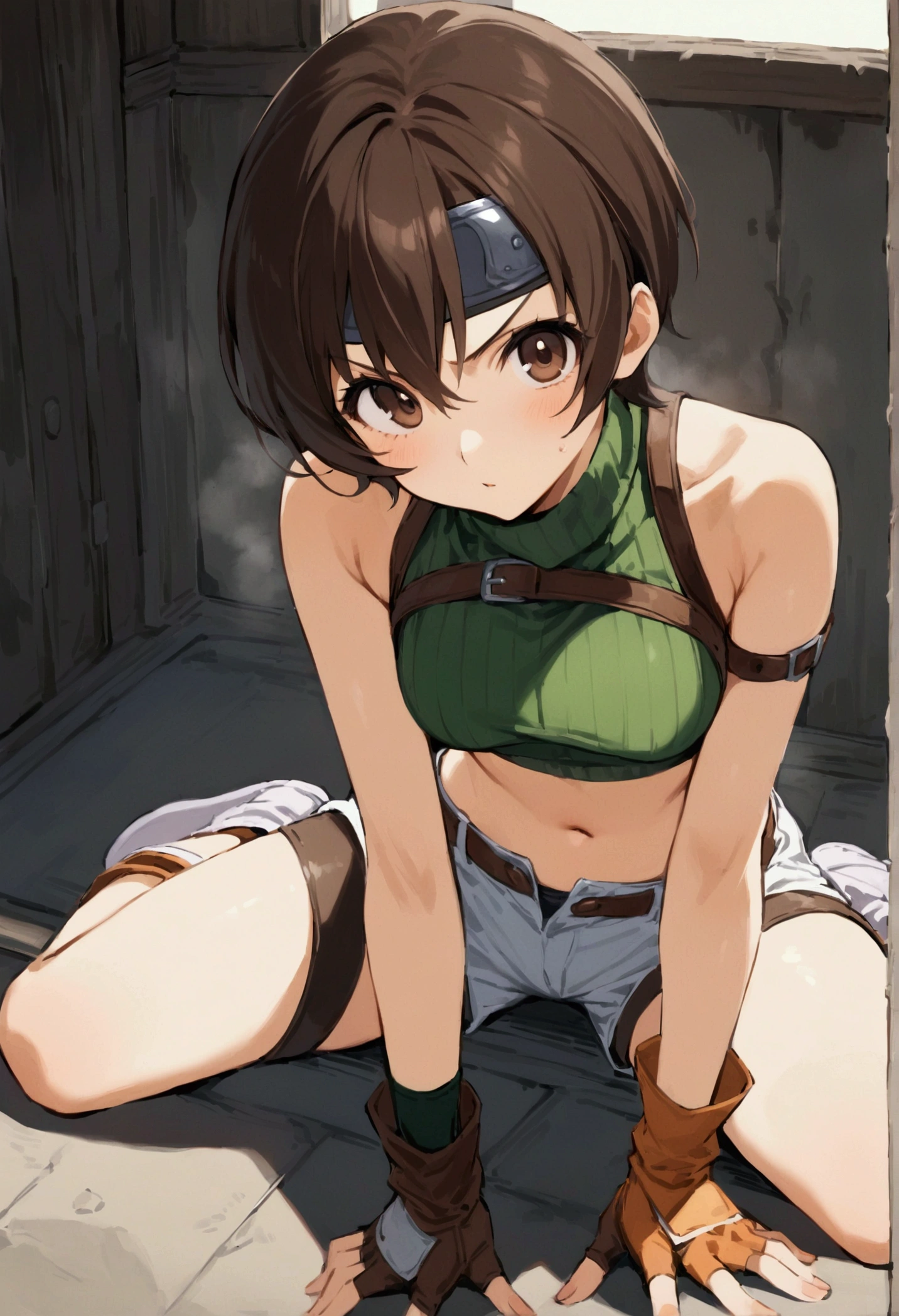 score_9, score_8_up, score_7_up,BREAK best quality,high quality,masterpiece,aesthetic,very aesthetic,　soro,1girl,yuffie kisaragi,, final fantasy,short hair,headband,navel,sleeveless,turtleneck
brown eyes,
sleeveless turtleneck,gloves,crop top,brown hair,shorts,midriff,sweater,open fly,fingerless gloves,ribbed sweater,looking at viewer,,v-shaped eyebrows,wide eyes,open stance,sitting