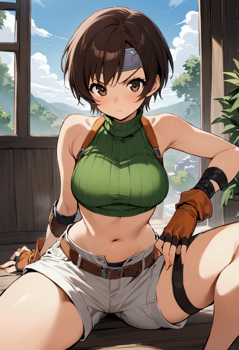 score_9, score_8_up, score_7_up,BREAK best quality,high quality,masterpiece,aesthetic,very aesthetic, soro,1girl,yuffie kisaragi,, final fantasy,short hair,headband,navel,sleeveless,turtleneck
brown eyes,
sleeveless turtleneck,gloves,crop top,brown hair,shorts,midriff,sweater,open fly,fingerless gloves,ribbed sweater,looking at viewer,,v-shaped eyebrows,wide eyes,open stance,sitting