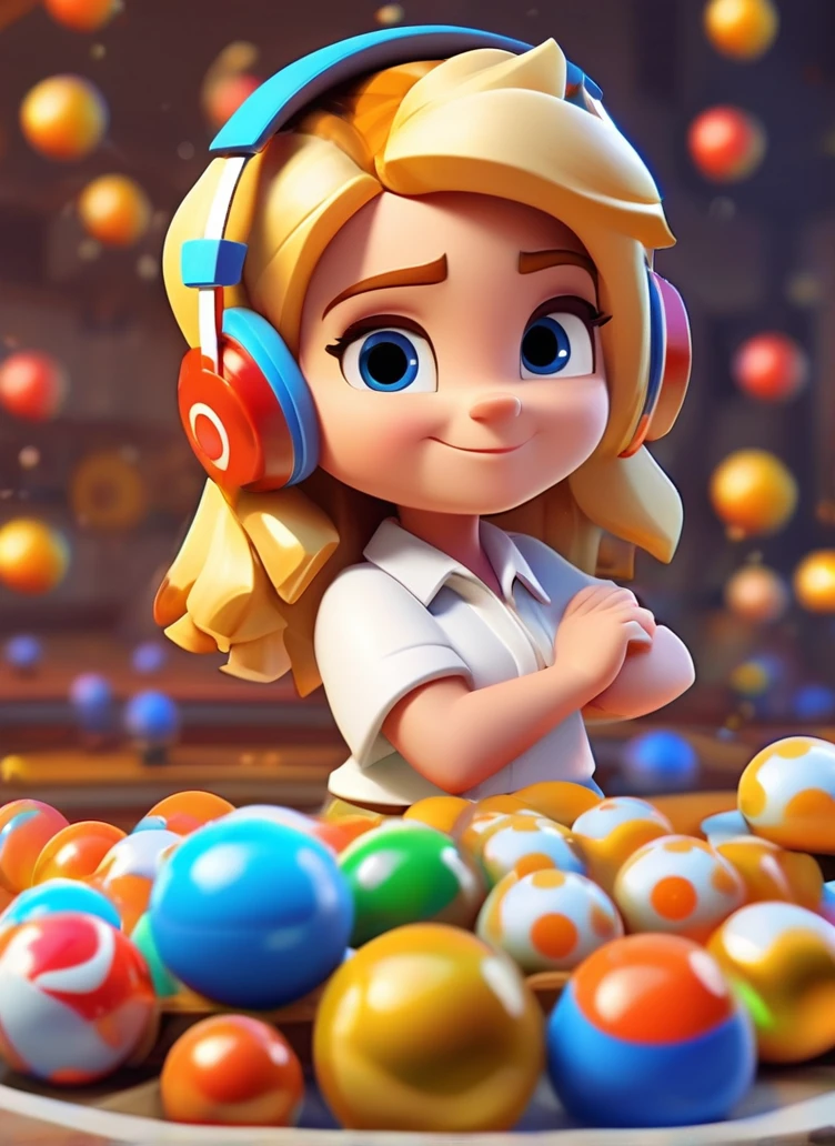 best quality, masterpiece, Blonde-haired girl wearing headphones and a white shirt, White shirt, Clash Royale style, portrait, Checkers game,手里拿着一个Glass marbles,，Glass marbles,  Disney cartoons, cute cartoon, Movie, Volumetric Lighting, Very detailed, 8K