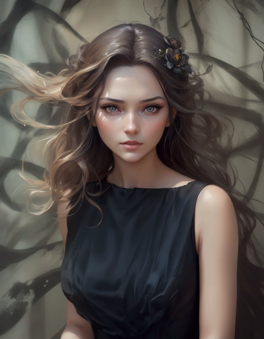 arafed image of a woman with long hair and a black dress, gorgeous digital painting, stunning digital painting, in style of wlop, realistic digital painting, beautiful digital painting, realistic cute girl painting, photorealistic digital painting, beautiful model girl, highly realistic digital art, ultra realistic digital painting, wlop |, beautiful digital artwork, very realistic digital art