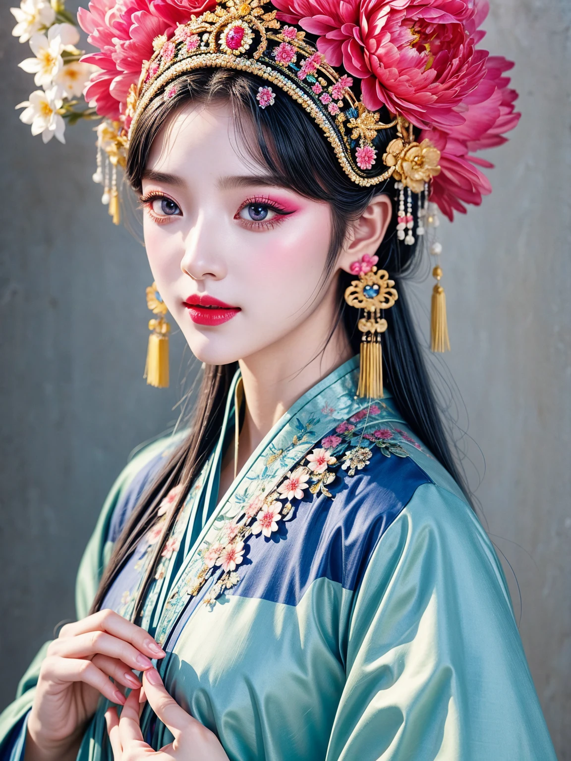 (masterpiece, best quality:1.2，lifelike：1.37), antiquity，Chinese style illustrations：（1 girl, alone，），portrait，Detailed drawing of eyes，eyelash，blush，laughing out loud，long hair，Exquisite makeup，Exquisite headdress，blueGorgeous Hanfu，blur background，Simple，glowing butterfly，Blue：1.37，huge peony flower：1.37，makeup