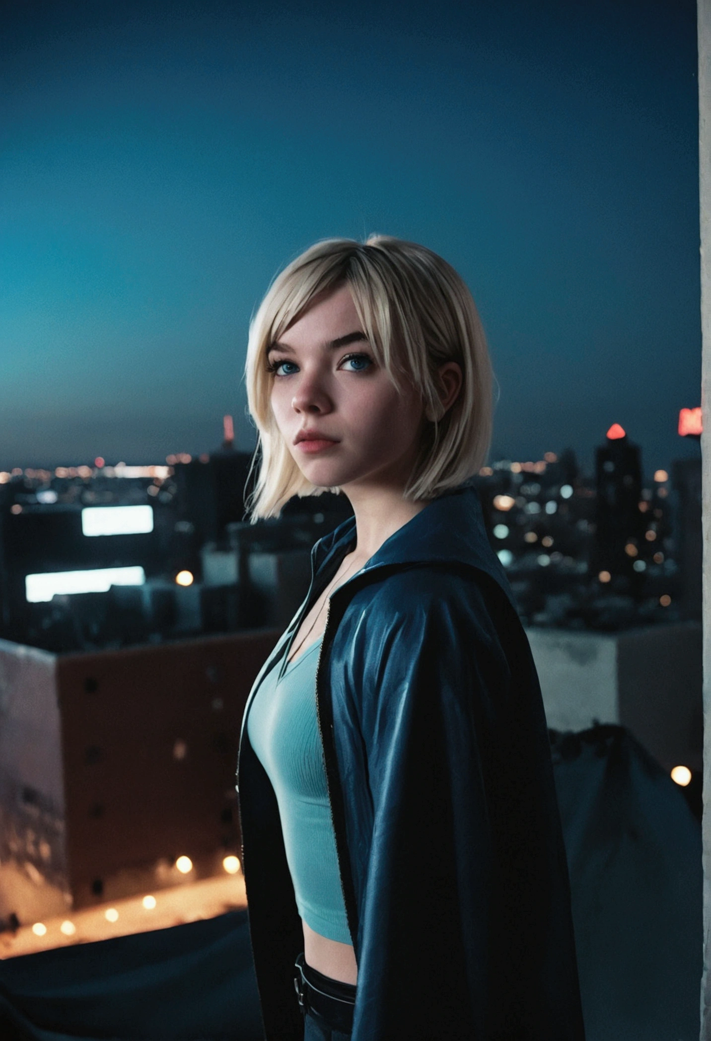 analog film photo, photo of a Gwen Stacy from Into the Spider-Verse, blonde emo shag hairstyle, blue eyes, resembles Hailee Steinfeld, posing above an apocalyptic city skyline, nighttime, RAW Photograph, dslr, soft lighting, high quality, film grain, Fujifilm XT3, detailed skin with visible pores, insane details, masterpiece, 8k, 35mm photograph, dslr, kodachrome, faded film, desaturated, grainy, vintage, Lomography, stained, highly detailed, found footage, full-body shot 
