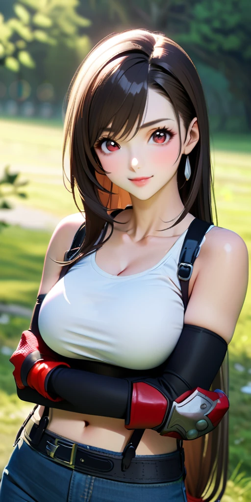 (((((tifa lockhart,Final Fantasy:1.5))))),((Highest quality、masterpiece、anime style、best quality、high resolution、8k、detailed、ultra-detailed:1.3))、Long legs:1.2, Beautiful woman with perfect figure:1.4、(Smiling:1.2), double eyelid、30-year-old female、((((One Woman,beautiful face,Beautiful face、Outdoor,upper body:1.5)))),Big Breasts、High resolution, accurate, Anatomically correct, High-resolution model, high quality, Very detailed, Ultra high definition、Black Hair、Straight Hair、Long Hair赤い,オープンフィンガーグローブ