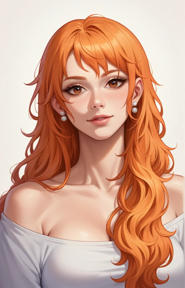 (((masterpiece))), (((best quality))), ((ultra-detailed)), (highly detailed CG illustration), Nami, (nsfw:1.2), (masterpiece:1.5), Detailed Photo, Sexy, (Best Quality: 1.4), (1girl), Beautiful Face, (Orange Hair, long Hair: 1.3), Beautiful Hairstyle, beautiful detail eyes, (realistic skin), beautiful skin, absurd, attractive, ultra high resolution, high definition, (sexually aroused:1.5), Pinkish white skin, cool white light, sexy pose, Beautiful , white background, pink soft white light, 