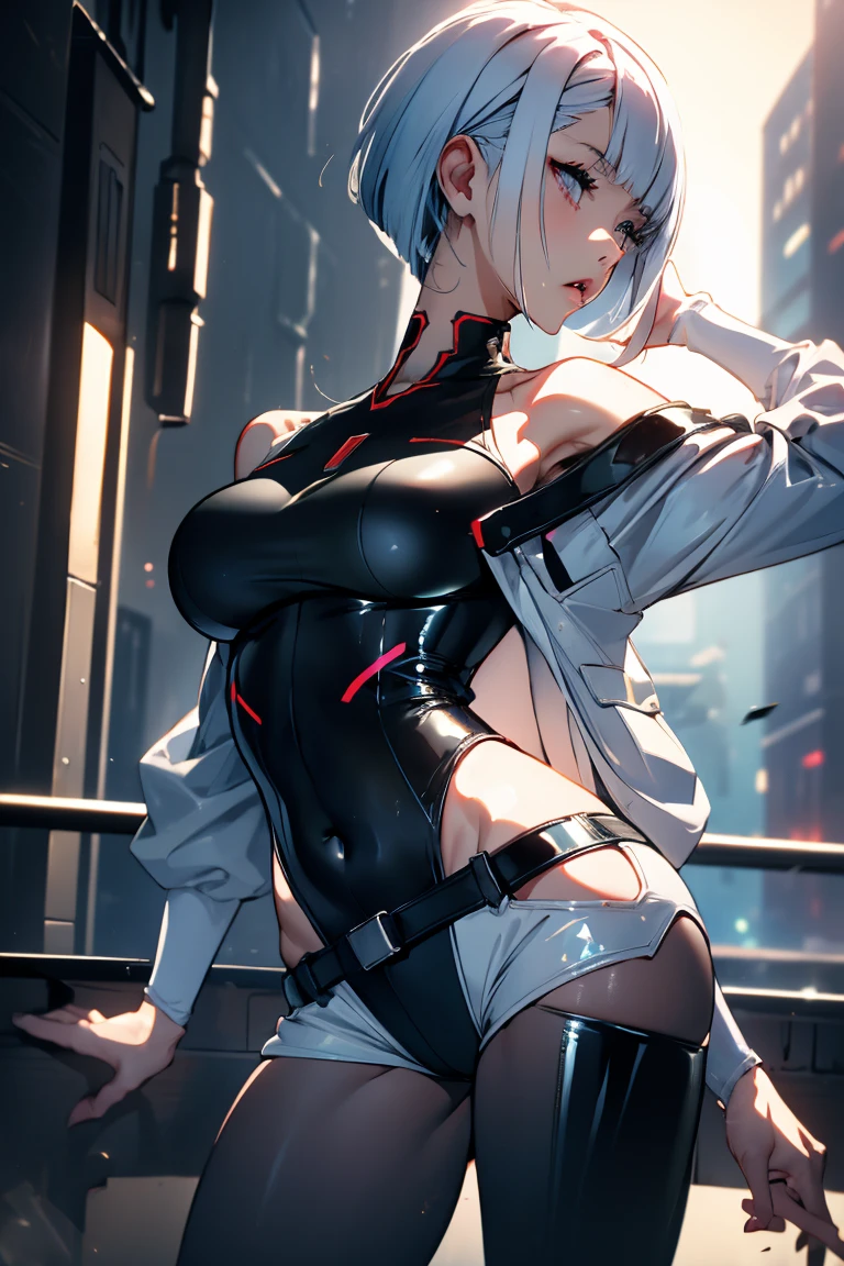 Woman with open mouth and closed eyes, ((Shiny skin))、((Wet and shiny tongue)) , 2 pic in 1 , before and after sex , masterpiece, highest quality, super detailed, ultra high resolution, realistic, 4K, 8k, highest quality, masterpiece, best image quality, Super detailed, ultra high resolutionolution, realisticDescription, Cyberpunk , lucy \(cyberpunk\), 1girl, against railing, arm rest, bangs, bare shoulders, belt, black belt, black leotard, black pants, blurry, bob cut, breasts, building, cigarette, cityscape, clothing cutout, cropped jacket, cyberpunk, depth of field, from side, gradient eyes, grey eyes, grey hair, holding, holding cigarette, jacket, leotard, lips, long sleeves, mechanical parts, medium breasts, multicolored eyes, multicolored hair, off shoulder, open clothes, open jacket, outdoors, pants, parted lips, railing, red eyeliner, short hair with long locks, short shorts, shorts, sidelocks, solo, thigh cutout, upper teeth only, white jacket, white shorts, cyberpunk \(series\), cyberpunk edgerunners, kneel pose , looking at viewer