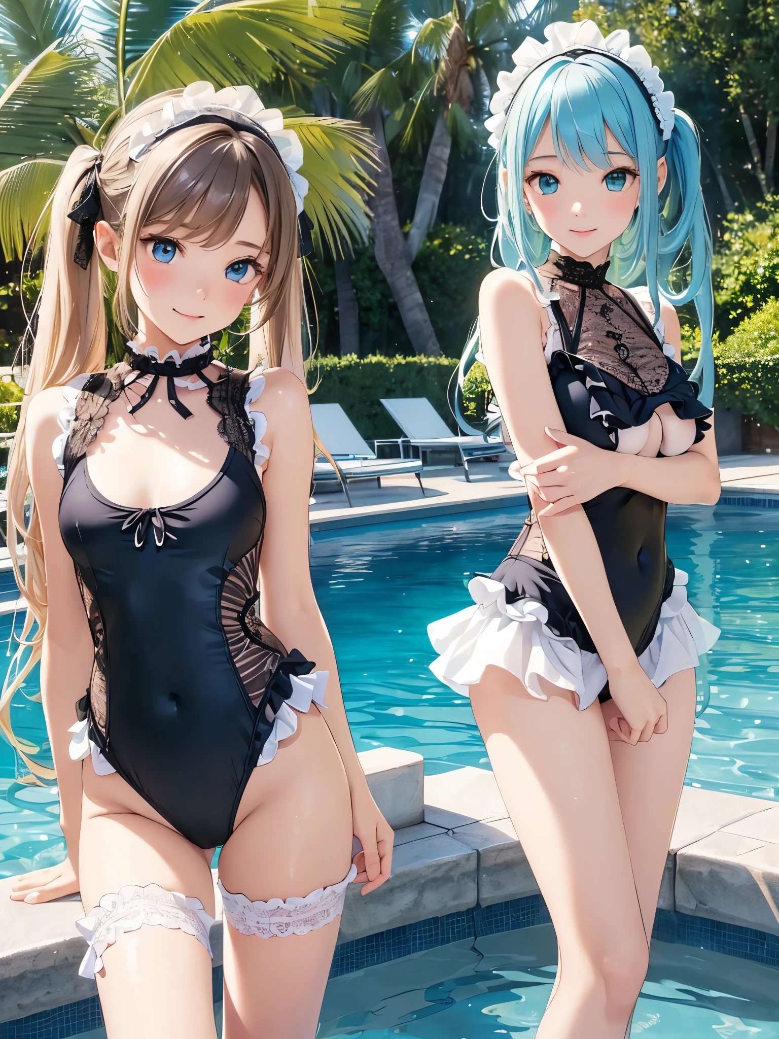 ((masterpiece)), ((highest quality、Ultra high definition)), (Very detailed),8k、Photo quality、((Amazingly cute girl)),-yeld gi), Two people, , (Beautiful emerald blue eyes), ((smile、Small breasts)),In the open-air bath overlooking the sea, Beautifully arranged black hair in twin tails、Slim Body、(((Cute swimsuit with lace and frills)))、Professional Lighting、(White lace knee-highore detailed and beautiful)、(More details and cutenesore realistic)、((Just wear light clothing))、Frolic in the pool、((unbelievably cute))、((A cute pose))、((Front and back view))、