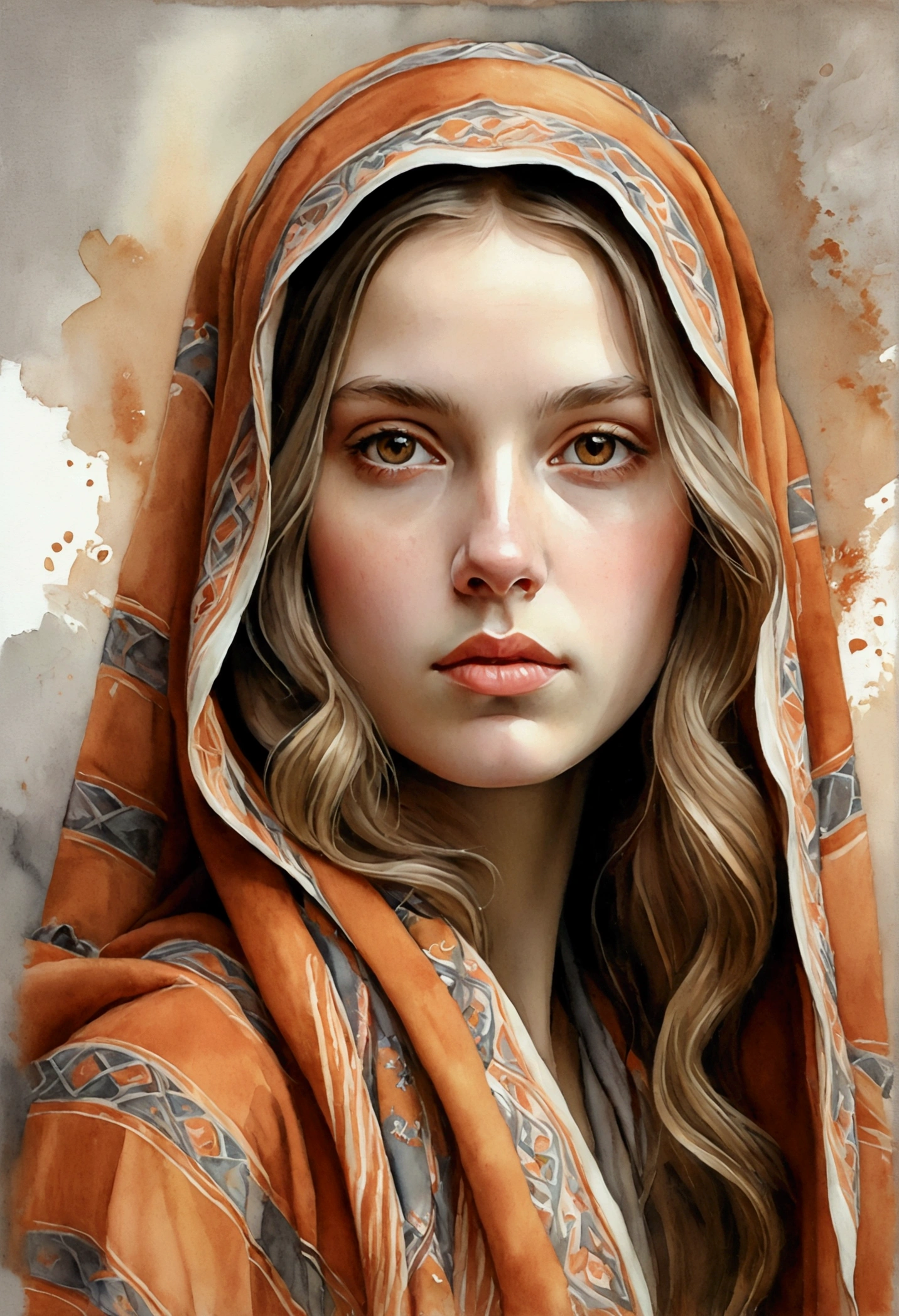 a soft style illustration that mixes realism and watercolor of a young woman with an introspective and serene expression. She should be portrayed with long, wavy hair in light brown tones, which falls gently over her shoulders. The young woman wears a bohemian-inspired outfit with detailed patterns and earthy tones, including a colorful orange and gray hood or shawl that partially covers her head. The background should be neutral or white to highlight the character's details, with special attention to the clear and expressive eyes that capture the viewer's gaze. The color palette should include warm, soft tones that complement the style and calm atmosphere of the image.