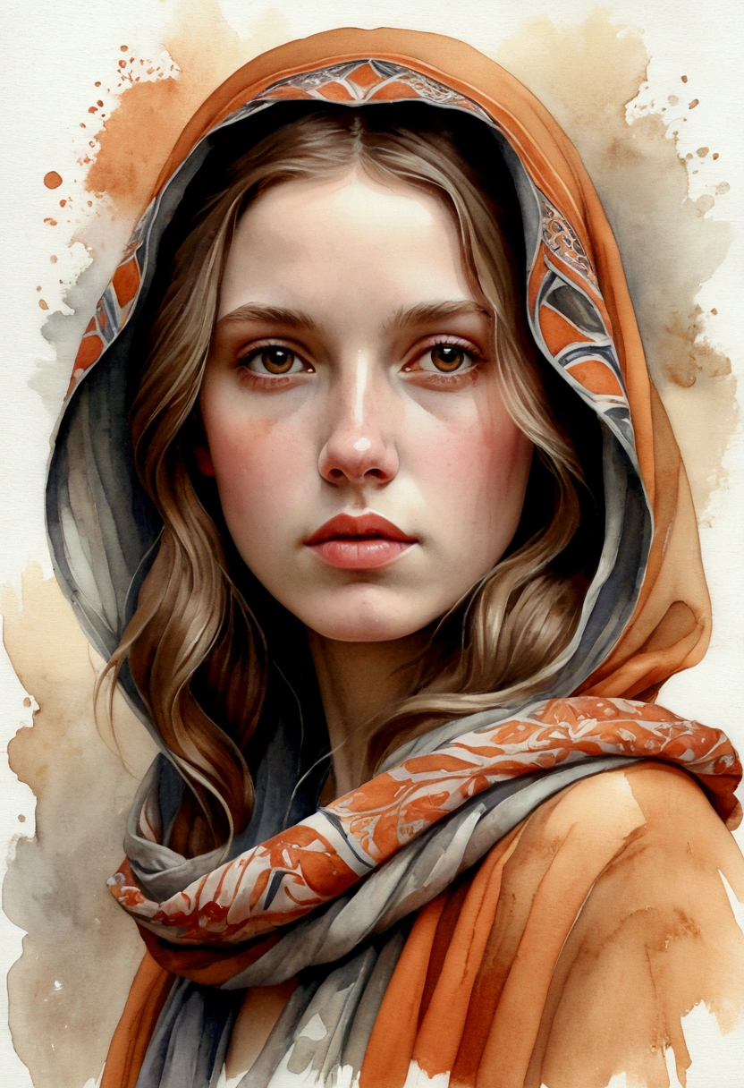a soft style illustration that mixes realism and watercolor of a young woman with an introspective and serene expression. She should be portrayed with long, wavy hair in light brown tones, which falls gently over her shoulders. The young woman wears a bohemian-inspired outfit with detailed patterns and earthy tones, including a colorful orange and gray hood or shawl that partially covers her head. The background should be neutral or white to highlight the character's details, with special attention to the clear and expressive eyes that capture the viewer's gaze. The color palette should include warm, soft tones that complement the style and calm atmosphere of the image.