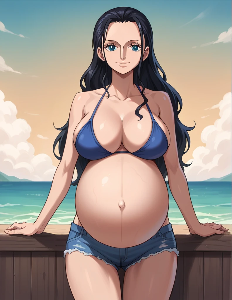 score_9, score_8_up, score_7_up, source_anime, best quality, clear face, 1girl, Nico Robin, black hair, long hair, blue eyes, large breasts, bikini, shorts, cleavage, smile, looking at viewer, sky, standing, pregnant belly, huge belly, belly