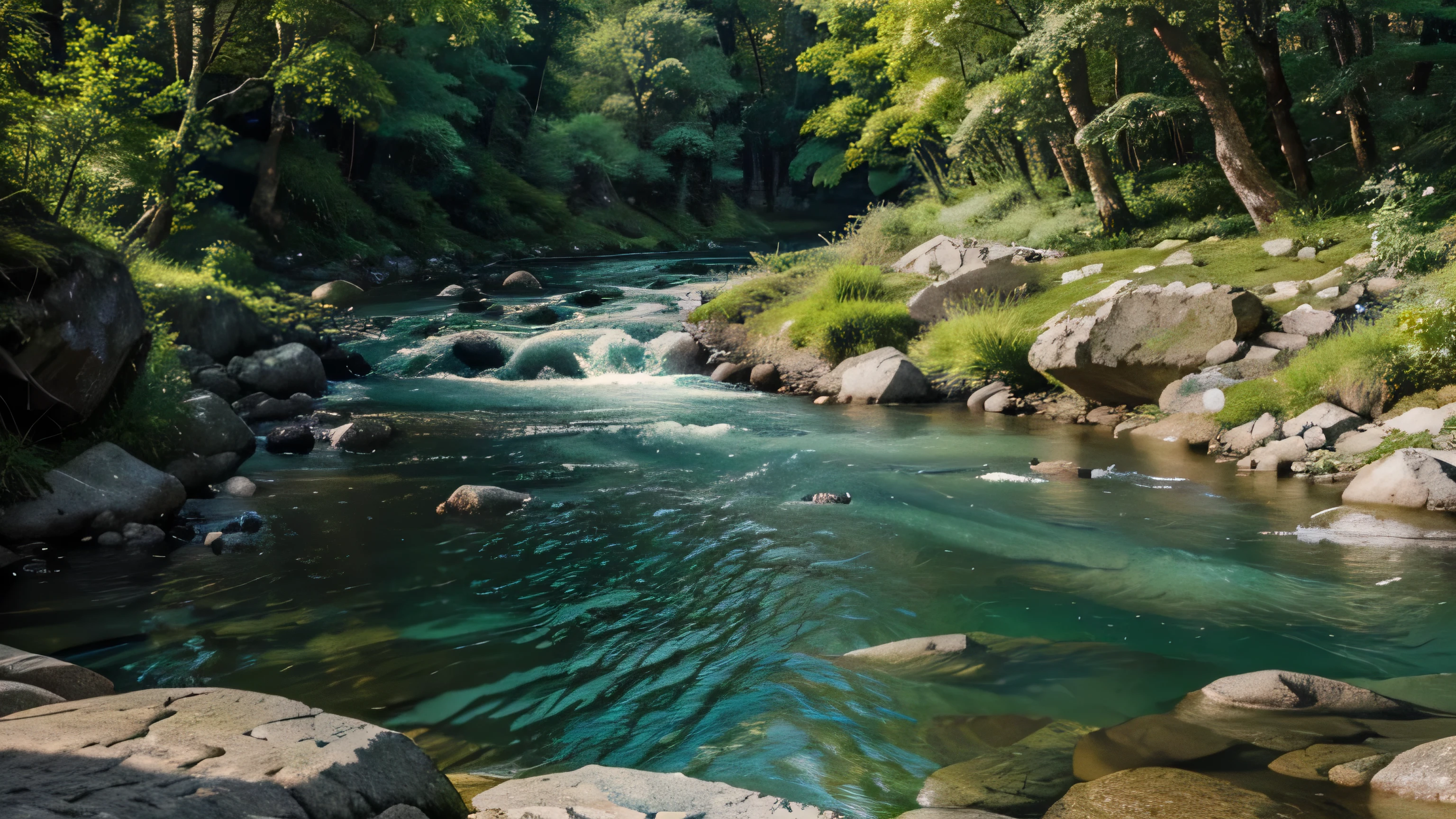 A serene, lush green river landscape, realistic detailed river with rocks and boulders, photorealistic, 4k, masterpiece, ultra-detailed, dramatic lighting, vibrant colors, natural scenery, tranquil atmosphere, scenic environment, flowing water, stonework, verdant foliage, picturesque, stunning vista, idyllic landscape, serene ambiance, natural beauty