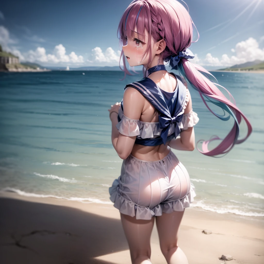 a girl，at the seaside，Leave with your back turned，with tears，profile，cry，Sit down and hold your legs with your hands，Sailor Suit，