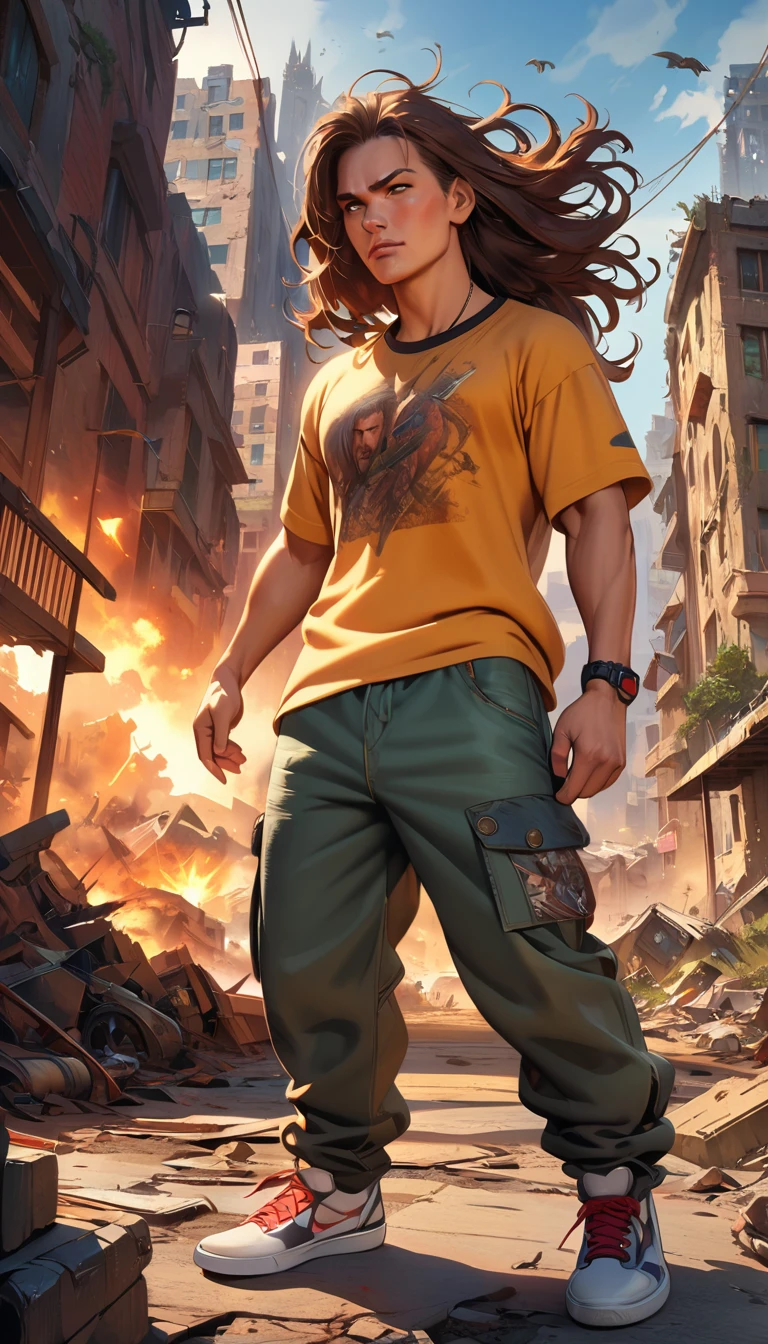 best quality,4k,8k,highres,masterpiece:1.2),ultra-detailed, extremely detailed eyes, extremely detailed body, (large masterpiece digital art), (detailed manga illustration), (detailed line art), ((perfect anatomy)), (intricate details:1.3), (ultra-detailed:1.3), (illustration:1.3), (sharp focus:1.3), (natural lighting:1.05), (vivid colors:1.3), (masterpiece), (best quality:1.4), (perfect anatomy:1.4), high quality, expressive eyes, full body, detailed face, beautiful face, perfect face, 1boy, angry, ((male focus)), muscular, detailed messy hair, long hair, brown hair, blue eyes, t-shirt, jean pants, sneakers, cinematic lighting, dramatic atmosphere, Atey Ghailan, Jeremy Mann, Greg Manchess, Antonio Moro, trend in ArtStation, trend in CGSociety, Intricate, High Detail, Sharp focus, dramatic and photorealistic painting art by Midjourney and Greg Rutkowski, Jeff Bridges, ((cartoon style)), Marvel Cinematic Universe style, (((ruined city in the background))),