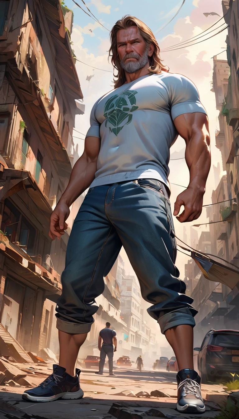 best quality,4k,8k,highres,masterpiece:1.2),ultra-detailed, extremely detailed eyes, extremely detailed body, (large masterpiece digital art), (detailed manga illustration), (detailed line art), ((perfect anatomy)), (intricate details:1.3), (ultra-detailed:1.3), (illustration:1.3), (sharp focus:1.3), (natural lighting:1.05), (vivid colors:1.3), (masterpiece), (best quality:1.4), (perfect anatomy:1.4), high quality, expressive eyes, full body, detailed face, beautiful face, perfect face, 1boy, angry, ((male focus)), muscular, detailed messy hair, long hair, brown hair, blue eyes, t-shirt, jean pants, sneakers, cinematic lighting, dramatic atmosphere, Atey Ghailan, Jeremy Mann, Greg Manchess, Antonio Moro, trend in ArtStation, trend in CGSociety, Intricate, High Detail, Sharp focus, dramatic and photorealistic painting art by Midjourney and Greg Rutkowski, Jeff Bridges, ((cartoon style)), Marvel Cinematic Universe style, (((ruined city in the background))),