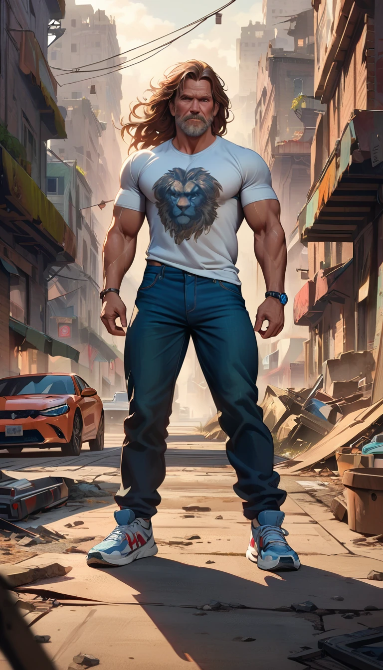 best quality,4k,8k,highres,masterpiece:1.2),ultra-detailed, extremely detailed eyes, extremely detailed body, (large masterpiece digital art), (detailed manga illustration), (detailed line art), ((perfect anatomy)), (intricate details:1.3), (ultra-detailed:1.3), (illustration:1.3), (sharp focus:1.3), (natural lighting:1.05), (vivid colors:1.3), (masterpiece), (best quality:1.4), (perfect anatomy:1.4), high quality, expressive eyes, full body, detailed face, beautiful face, perfect face, 1boy, angry, ((male focus)), muscular, detailed messy hair, long hair, brown hair, blue eyes, t-shirt, jean pants, sneakers, cinematic lighting, dramatic atmosphere, Atey Ghailan, Jeremy Mann, Greg Manchess, Antonio Moro, trend in ArtStation, trend in CGSociety, Intricate, High Detail, Sharp focus, dramatic and photorealistic painting art by Midjourney and Greg Rutkowski, Jeff Bridges, ((cartoon style)), Marvel Cinematic Universe style, (((ruined city in the background))),