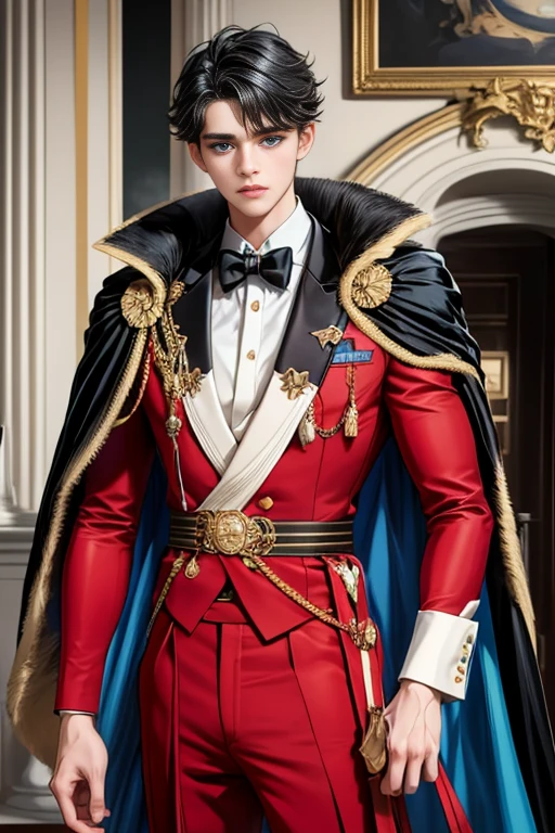 masterpiece, 最high quality, high quality, 1 boy, alone, Male focus, Watching the audience, Messy black hair, Adorable big blue eyes, White, Noble, Noble,A sexy, voluminous, puffy cape、tuxedo、A very voluminous, large, very large, very large, long, long red and black cape with a high stand-up collar, made of a lot of fabric that reaches down to the floor., ,Cute beautiful boys,Cute, cute, kind, handsome guy