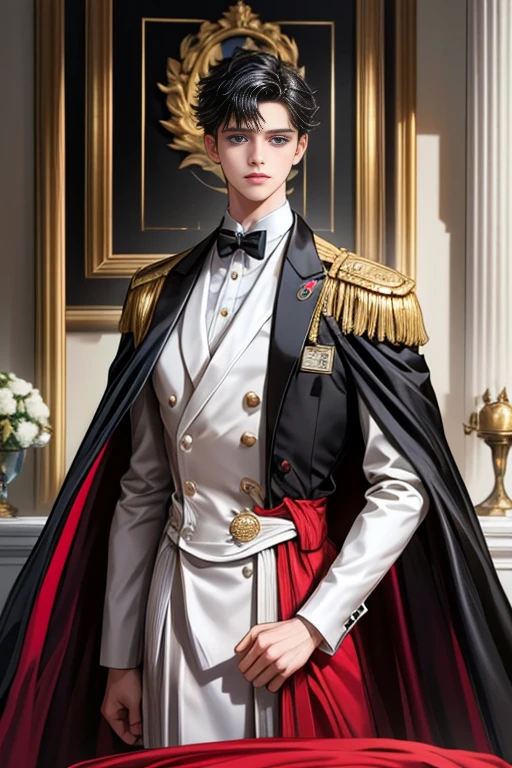 masterpiece, 最high quality, high quality, 1 boy, alone, Male focus, Watching the audience, Messy black hair, Adorable big blue eyes, White, Noble, Noble,A sexy, voluminous, puffy cape、tuxedo、A very voluminous, large, very large, very large, long, long red and black cape with a high stand-up collar, made of a lot of fabric that reaches down to the floor., 17 years old,Cute beautiful boys,Cute, cute, kind, handsome guy