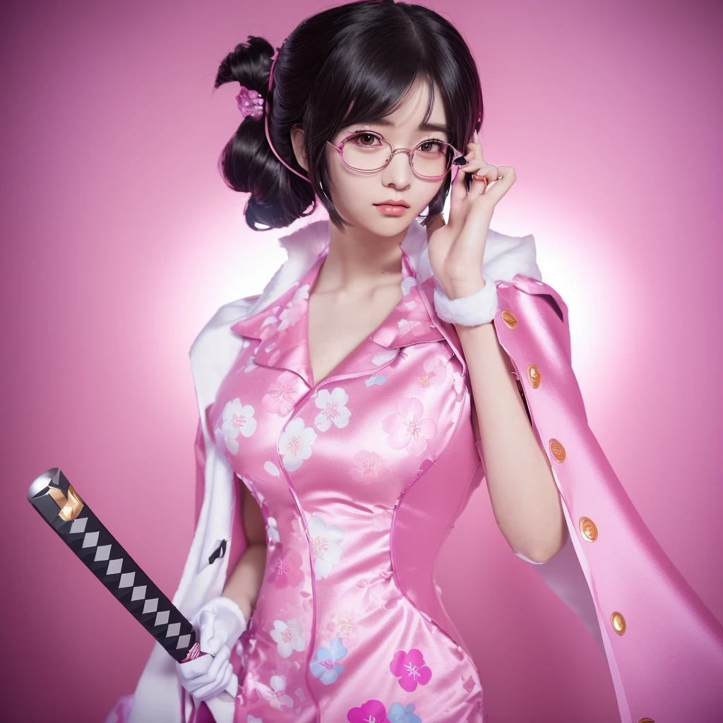 There is a woman wearing a pink dress and holding a Japanese sword., anime Cosplay, anime girl Cosplay, professional Cosplay, Yaoi Kasuma, As an Overwatch character, Gwaiz, From Overwatch, Super villain IU Lee Ji-eun, sakimichan, Cosplay, For whom?, Maya Faye from Ace Attorney, full-Cosplay, realistic Cosplay