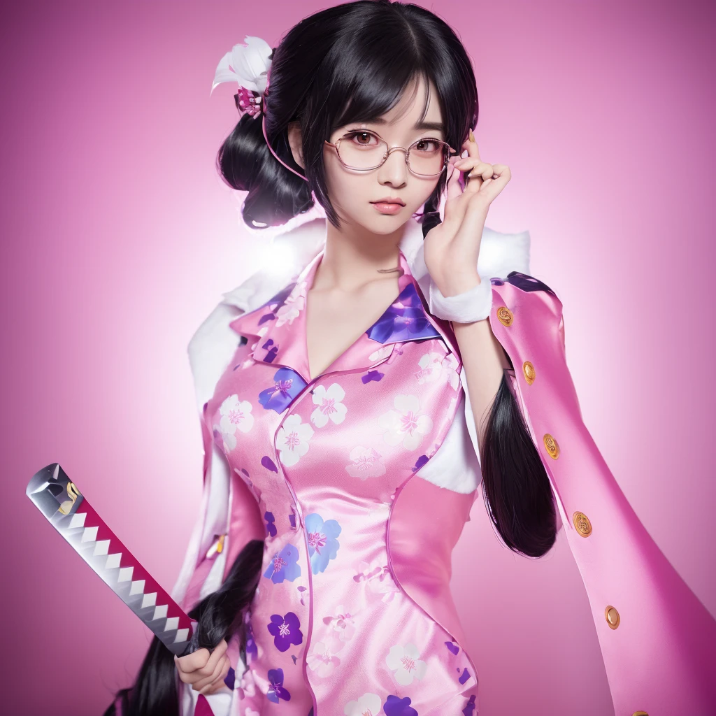 There is a woman wearing a pink dress and holding a Japanese sword., anime Cosplay, anime girl Cosplay, professional Cosplay, Yaoi Kasuma, As an Overwatch character, Gwaiz, From Overwatch, Super villain IU Lee Ji-eun, sakimichan, Cosplay, For whom?, Maya Faye from Ace Attorney, full-Cosplay, realistic Cosplay