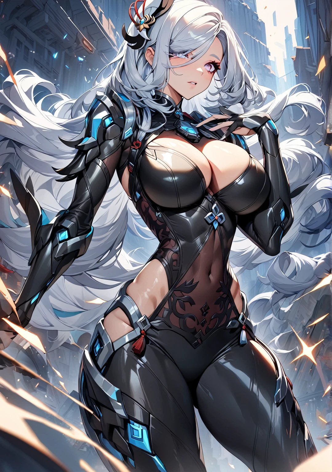 (1 Girl), Shenhe, Genshin impact, White hair, Long Hair, original hair style, silver eyes, large Breasts, alternate costume, Bionic Armor, Black-based metal suit, Robot Girl, steel & Titanium Leather, metal texture, Beautiful Face, Cybernetic Eyes, Clear pupils, Sparkle in the eyes, Perfect hands(Five fingers), perfect body, Beautiful Hair, Shiny Hair, Beautiful Skin, Detailed face and eyes, Glossy Lips, Curvy Women, Dynamic Angle, Friendly atmosphere, Very detailed, Cinematic, dramatic, powerful, strong, (Highest quality:1.2, Very detailed, Latest, Vibrant, Ultra-high resolution, High Detail, High Contrast, masterpiece:1.2, Highest quality, Best aesthetics)