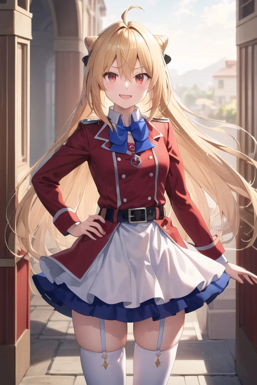 masterpiece, Highest quality, High resolution, One girl, alone, Long Hair, Blonde, Corn Hair Bun, hair ornaments, Hair Intake, Ahoge, bangs, Red eyes, Blue bow tie, Red jacket, Red coat, Long sleeve, belt, White Skirt, Garter Straps, White knee socks, Hands on hips, smile, Open your mouth,