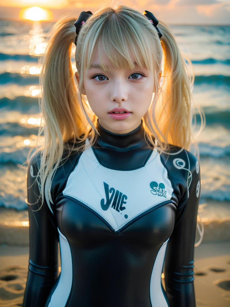 (masterpiece, ultra-detailed, ultra-realistic, best quality, clear focus, photorealistic), (ultra-high resolution, 8k:1.3), full body, perfect anatomy, perfect face, (detailed face, detailed eyes), (1 Japanese blonde punk rock girl:1.3), solo, (punk rock girl but wearing professional surfer's ultimate sporty wetsuits for competition with cool graffiti:1.4), (wet hair), (surfing at Hawaii, amazing view of huge wave of the shining ocean at sunset:1.3), (super huge waves reflect lights, storm:1.3), many kind of bracelets, (Japanese girl with Blonde hair:1.3), (extremely beautiful with very cute face:1.3), (bad girl:1), (18 years old beautiful Japanese idol:1.3), (makeup:1.2), (eyeliner:1.3), (punk rock accessories:1.3), (very large breasts:1.2), slim waist, (extremely glamorous body:1.3), dynamic angle, (dynamic pose:1.4), (hip focus:1.3), peck lips, round lips, incoming kiss, seducing, open mouth, (spot light, professional light:1.3), shoot from side