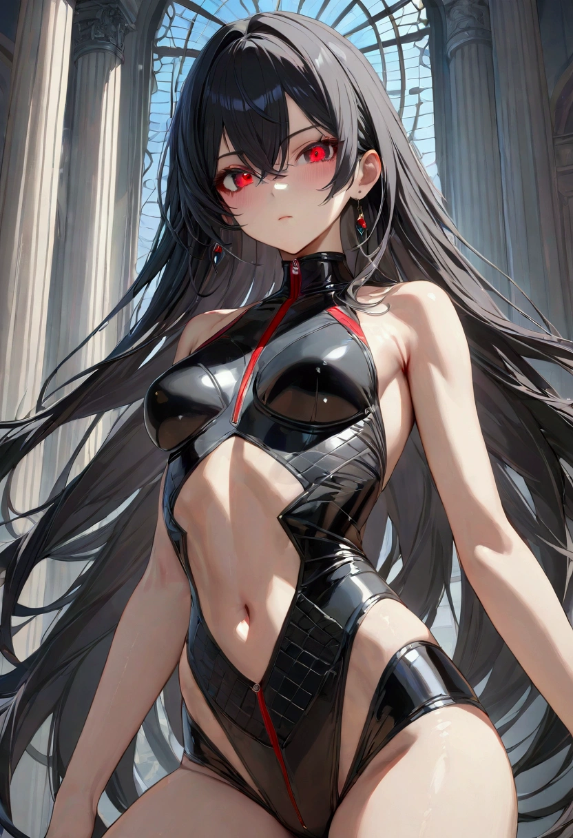 A Teenager with long black hair, red eyes, athletic figure , detailed body, detailed eyes, masterpiece, best quality, aesthetic, ultra-detailed, ultra-sharp, 4k