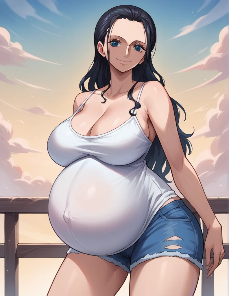 score_9, score_8_up, score_7_up, source_anime, best quality, clear face, 1girl, Nico Robin, black hair, long hair, blue eyes, large breasts, white camisole, shorts, cleavage, smile, looking at viewer, sky, standing, pregnant belly, huge belly, belly