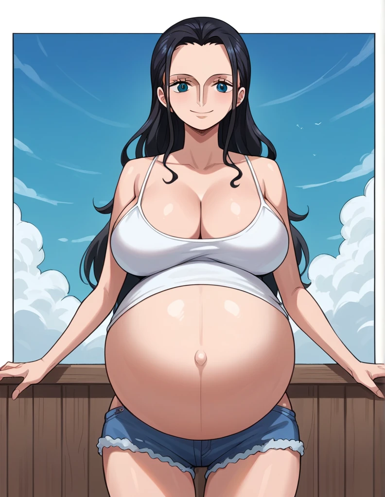 score_9, score_8_up, score_7_up, source_anime, best quality, clear face, 1girl, Nico Robin, black hair, long hair, blue eyes, large breasts, white camisole, shorts, cleavage, smile, looking at viewer, sky, standing, pregnant belly, huge belly, belly