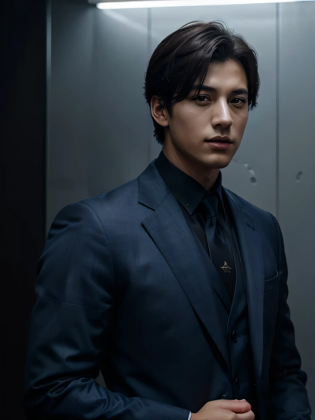a handsome young man with dark hair, a mix of korean and tall features, wearing a blue suit, with a dominant mafia-like presence, and let it be Jungkook, exquisite detailed portrait, cinematic lighting, dramatic atmosphere, photorealistic, hyperrealistic, 8k, high quality, masterpiece
