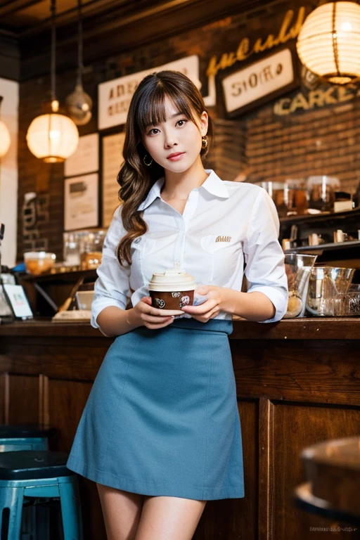 A beautiful girl is having a coffee in a vintage coffeeshop, professional light, wearing office dress, white shirt, blue skirt, A high resolution, perfect anatomy, one girl only, single girl, 1girl, solo, (advanced facial details), A high resolution, beautiful, masterpiece, best quality, photorealistic, photorealistic perfect body v.1.1